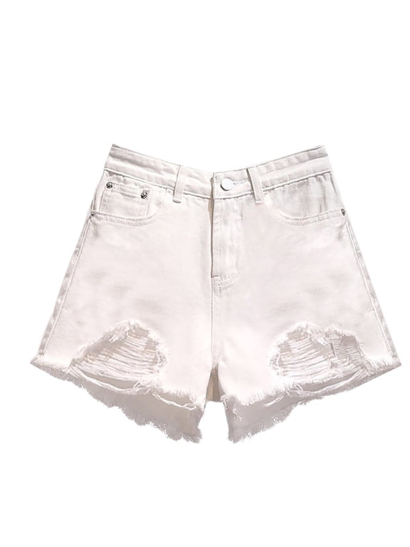 Women's Distressed High-Waist Denim Shorts - Ripped Wide Leg Loose Fit Frayed Hem Summer Hot Pants (Blue, Black, Grey, White, Light Blue | S-5XL) (White | XL)