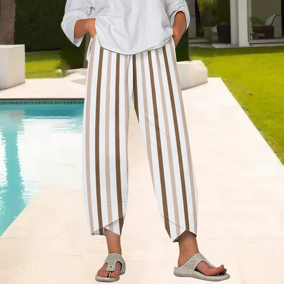 Yubnlvae Women's Elastic Waist Wide-Leg Trousers - Breathable Summer Pants for Office Or Casual, Women's Cropped Wide Leg Culottes Stylish Loose Fit Office Travel Summer Pants, Beige, Xl
