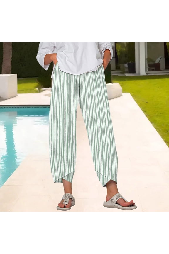 Women's Elastic Waist Wide-Leg Trousers - Breathable Summer Pants for Office Or Casual, Women's Cropped Wide Leg Culottes Stylish Loose Fit Office Travel Summer Pants, Mint Green, Xxl