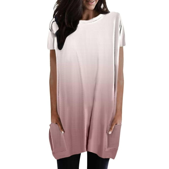 Yubnlvae Women's Gradient Print Pocket T-Shirt - 2025 Summer Loose Fit Casual Short Sleeve Tee - Ombre Color Round Neck Blouse (S-XXL) (Pink | XXL)
