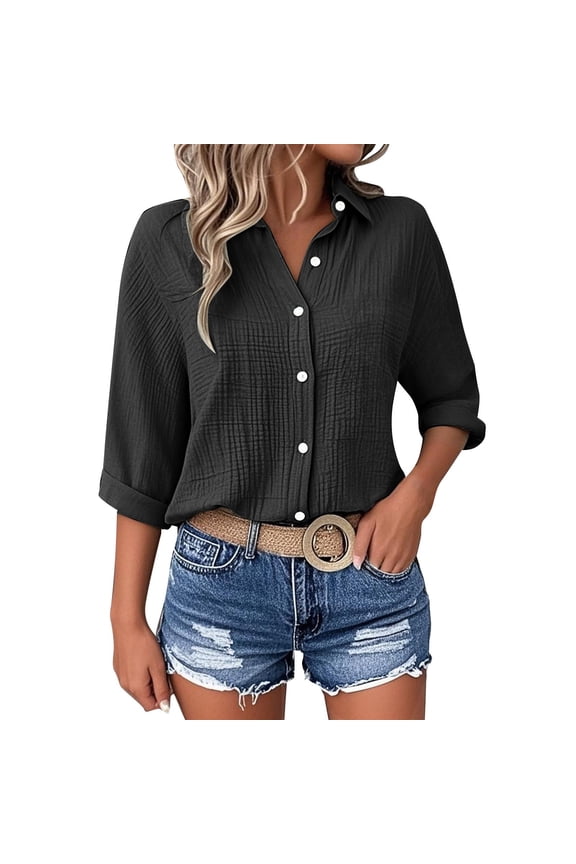 Women's Linen Button-Down Shirt - Oversized V-Neck 3/4 Sleeve Casual Blouse (Muslin Cotton | Beach Style) (Black | XXL)