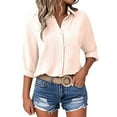 thumbnail image 1 of Yubnlvae Women's Linen Button-Down Shirt - Oversized V-Neck 3/4 Sleeve Casual Blouse (Muslin Cotton | Beach Style) (Pink | 5XL), 1 of 9