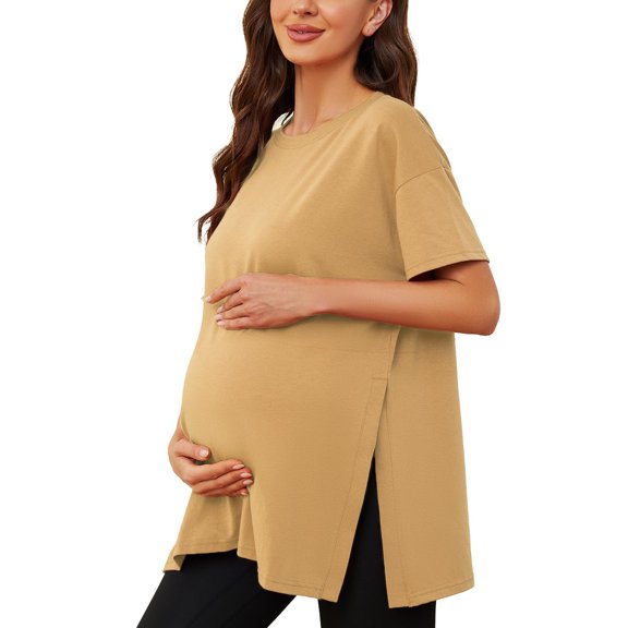 Yubnlvae Women's Maternity Shirt Split-Side Pregnancy Blouse Short Sleeve Loose Fit - Pink/Purple/Black/Grey/White/Red/Yellow/Green/Brown - S/M/L/XL/XXL (Yellow | L)