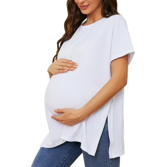 Yubnlvae Women's Maternity Shirt Split-Side Pregnancy Blouse Short Sleeve Loose Fit - Pink/Purple/Black/Grey/White/Red/Yellow/Green/Brown - S/M/L/XL/XXL (White | XL)