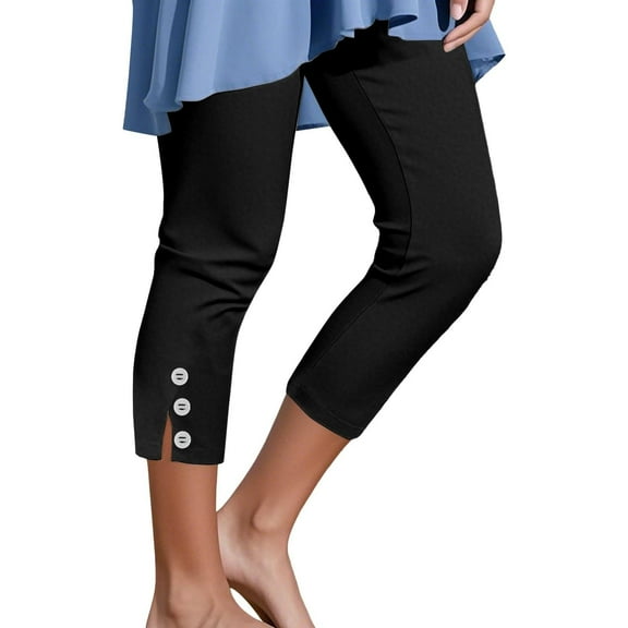 Yubnlvae Women's Mid-Rise Cropped Pants - Stretchy Seven-Eighths Length Casual Trousers with Button Detail (White, Black | S-XXXL) (Black | XXL)