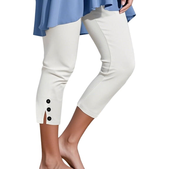 Yubnlvae Women's Mid-Rise Cropped Pants - Stretchy Seven-Eighths Length Casual Trousers with Button Detail (White, Black | S-XXXL) (White | L)