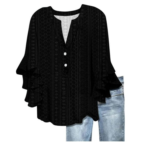 Yubnlvae Women's Peplum Ruffle Sleeve Top - V-Neck Hollow Out Casual Blouse - Summer Breathable Button Detail Shirt (S-XXL) (Black | L)