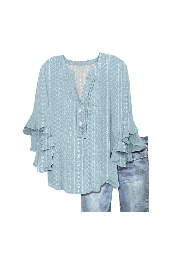 Women's Peplum Ruffle Sleeve Top - V-Neck Hollow Out Casual Blouse - Summer Breathable Button Detail Shirt (S-XXL) (Blue | L)
