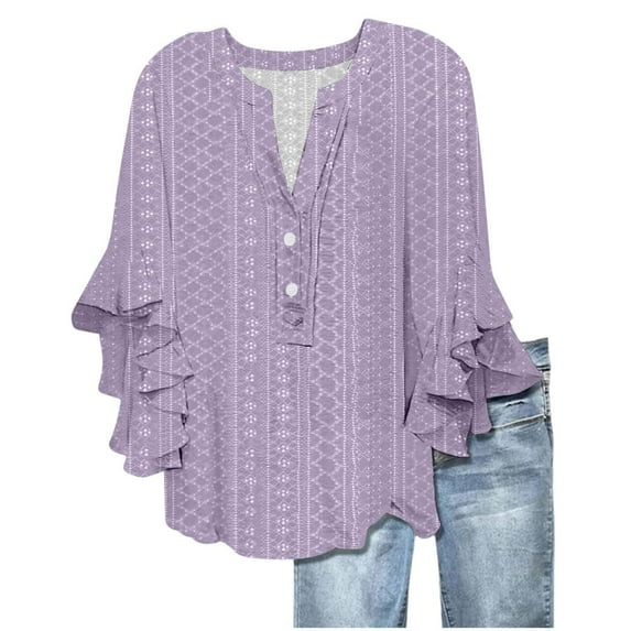 Yubnlvae Women's Peplum Ruffle Sleeve Top - V-Neck Hollow Out Casual Blouse - Summer Breathable Button Detail Shirt (S-XXL) (Purple | XL)