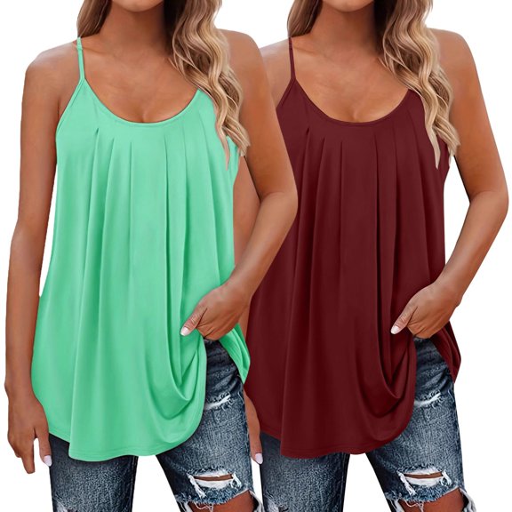 Yubnlvae Women's Pleated Spaghetti Strap Camisole 2-Pack Women's Ruffle Sleeveless Tops - Summer Fashion Layering Tank - Casual Loose Fit Blouse (L-XXXXXXXXL) (Red | XL)