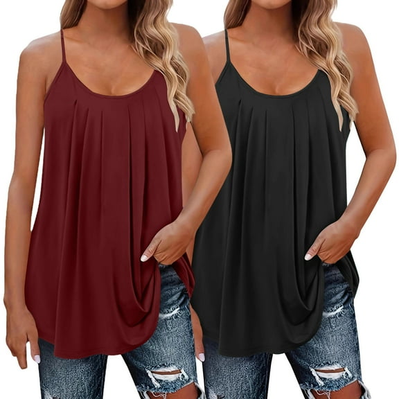 Yubnlvae Women's Pleated Spaghetti Strap Camisole 2-Pack Women's Ruffle Sleeveless Tops - Summer Fashion Layering Tank - Casual Loose Fit Blouse (L-XXXXXXXXL) (Wine | XL)