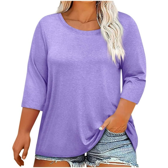 Yubnlvae Women's Plus-Size 3/4 Sleeve Tops & Blouses Plus Size Tunic Tops for Womenclearance! Solid, Round Neck, Purple, 5Xl