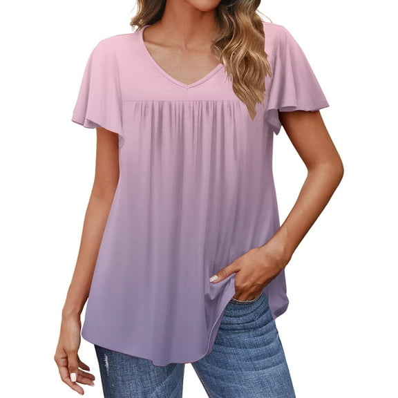 Yubnlvae Women's Plus Size Summer Tops - Short Sleeve V Neck Lace Pleated Tunic Blouse - Flowy Casual T-Shirt for Women Dark Blue, Xxl