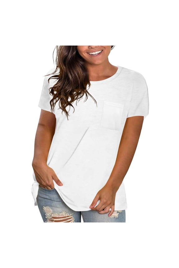Women's Round Neck Pocket T-Shirt - Basic Casual Short Sleeve Everyday Top (Pink, Black, White, Khaki, Wine | S-XXXL) (White | M)