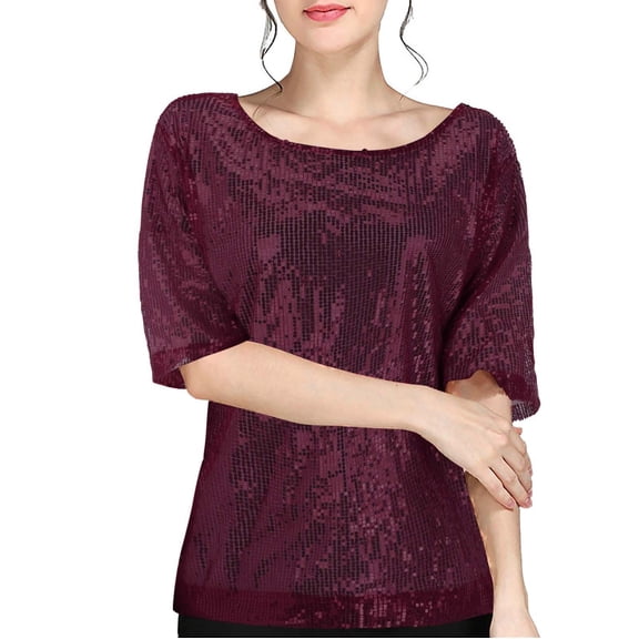 Yubnlvae Women's Sequin Round Neck T-Shirt Loose Fit Summer Casual Blouse 2025 Trendy Top, Wine, Xxl