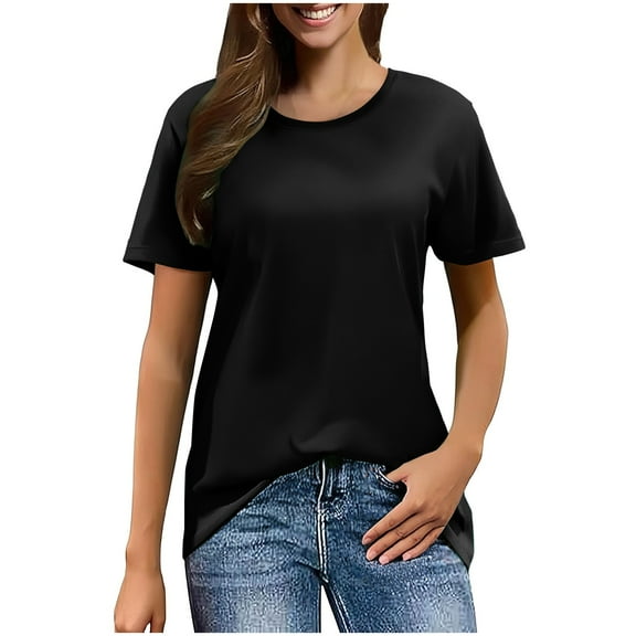 Yubnlvae Women's Short Sleeve Casual Solid Loose Crew Neck T Shirts Black L