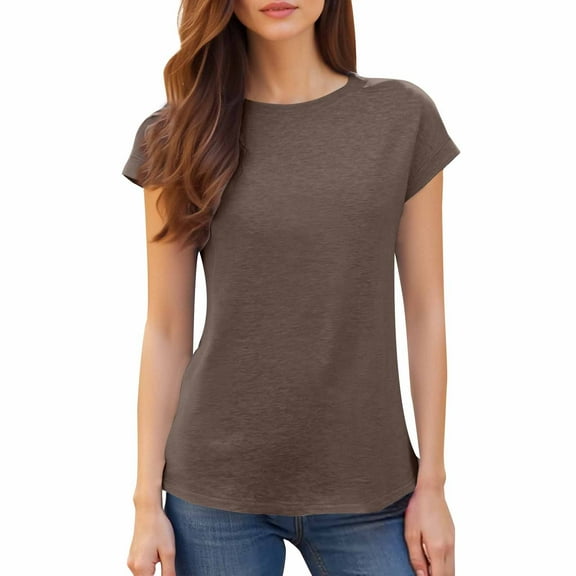 Yubnlvae Women's Short Sleeve Casual Solid Loose Crew Neck T Shirts Coffee XL
