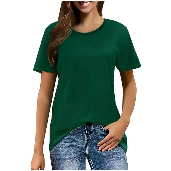 Yubnlvae Women's Short Sleeve Casual Solid Loose Crew Neck T Shirts Green L