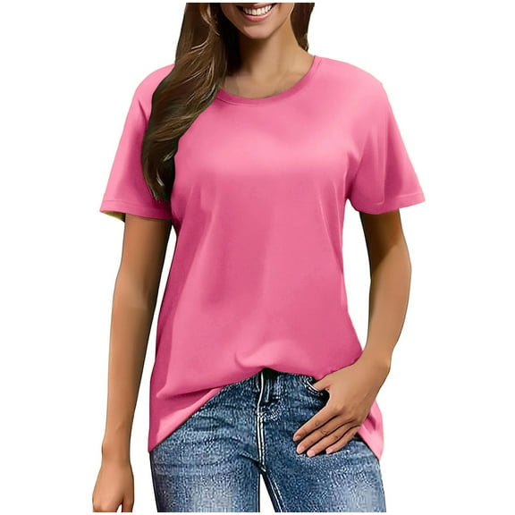 Yubnlvae Women's Short Sleeve Casual Solid Loose Crew Neck T Shirts Pink M