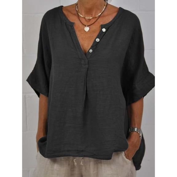 Yubnlvae Women's Spring New Casual Loose Fashion Mid-Sleeve Cotton Linen Solid V-Neck Button Shirt Black, S