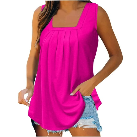 Yubnlvae Women's Square Neck Pleated Tank Top - Flowy Summer Camisole with Curved Hem, Loose Fit Cotton Tee (S-5XL, 12 Colors) (Hot Pink | XL)