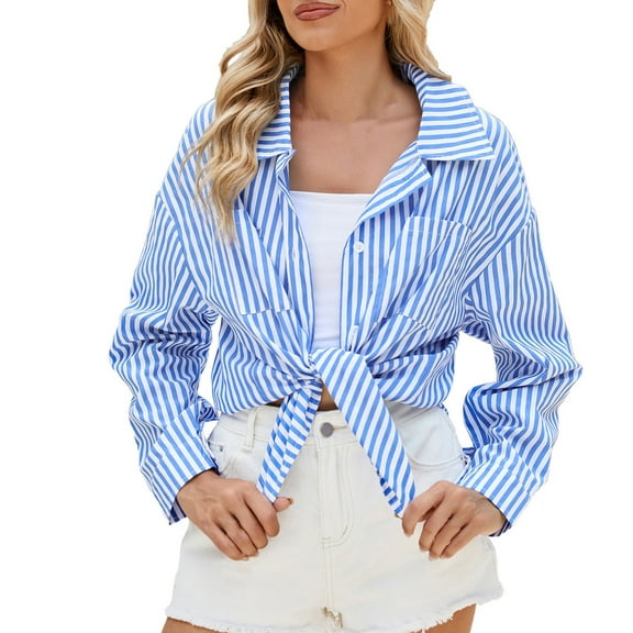 Yubnlvae Women's Striped Long Sleeve Shirt - Spring Summer Loose Fit Casual Blouse with Chest Pocket - Breathable Office Wear Top (S-XXL) (Blue | XXL)