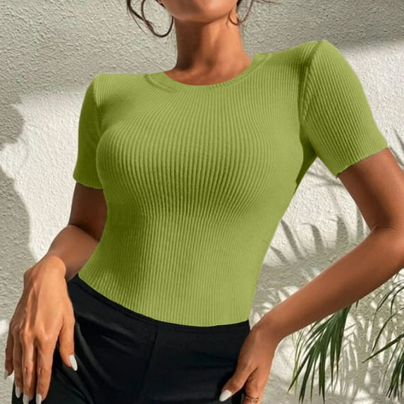 Yubnlvae Women's Summer Short Sleeve Breathable Cotton T-Shirt with Classic Fit, 2025 Women's Ribbed Knit T-Shirt Crew Neck Slim Fit Basic Staple Tee, Green, L