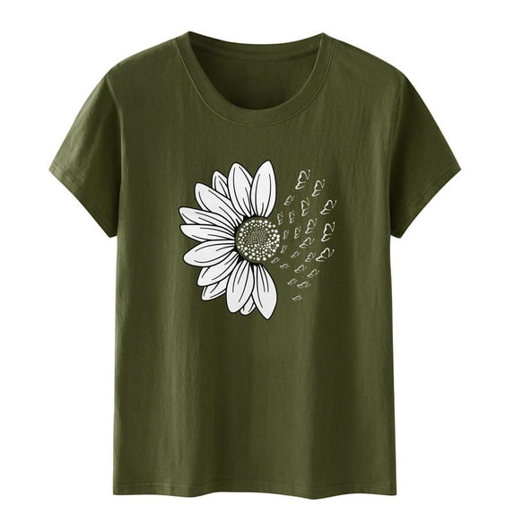 Yubnlvae Women's Summer Sunflower T Shirt Cute Flower Graphic Loose Tees Crew Neck Short Sleeve Casual Tops Graphic Tees for Womenclearance! Sunflower, Round Neck, Army Green, 3Xl