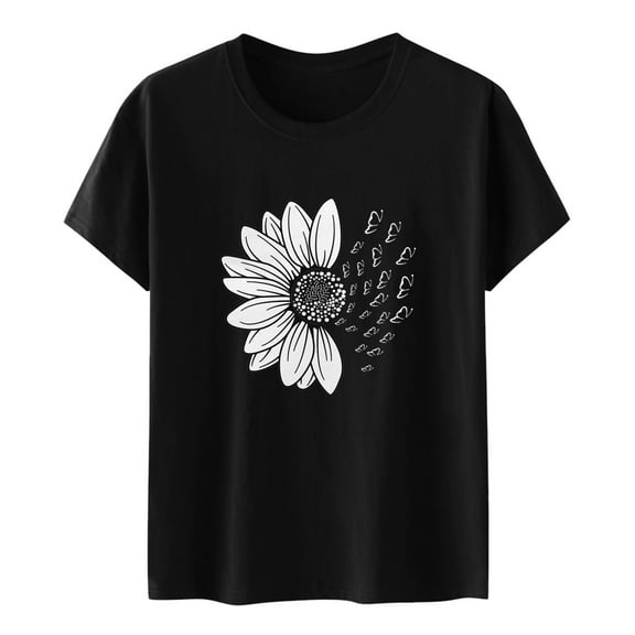 Yubnlvae Women's Summer Sunflower T Shirt Cute Flower Graphic Loose Tees Crew Neck Short Sleeve Casual Tops Graphic Tees for Womenclearance! Sunflower, Round Neck, Black, 3Xl