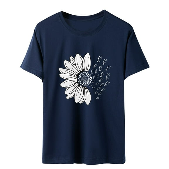 Yubnlvae Women's Summer Sunflower T Shirt Cute Flower Graphic Loose Tees Crew Neck Short Sleeve Casual Tops Graphic Tees for Womenclearance! Sunflower, Round Neck, Dark Blue, 3Xl