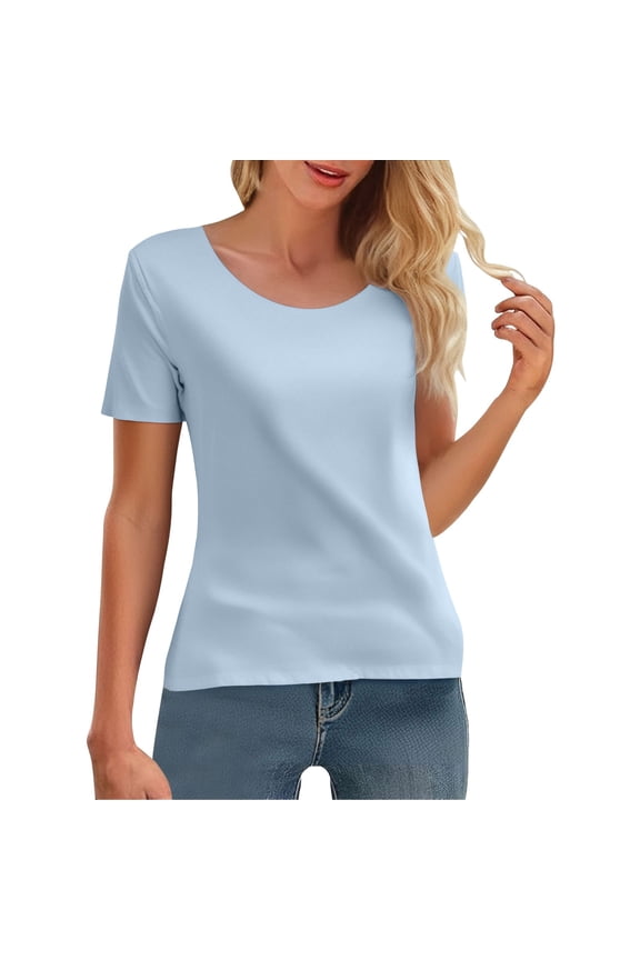 Women's T-Shirt Round Neck Short Sleeve High-Elasticity Slim-Fit Quick-Dry Sports Top - Pink/Black/Grey/White/Purple/Light Blue/Khaki/Green - M/L/XL/XXL/XXXL (Light blue | XXL)