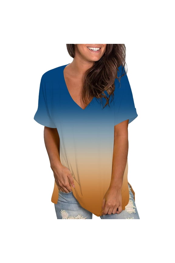 Women's Tie-Dye V-Neck T-Shirt - Casual Gradient Print Loose Fit Short Sleeve Top (Blue, Green, Sky Blue, Orange, Coffee | S-XXXL) (Blue | L)