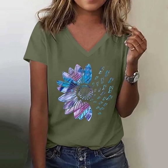 Yubnlvae Women's V-Neck Colorful Daisy Short Sleeve Top, 2025 Women's Sunflower Graphic Tee Crew Neck Short Sleeve Loose Fit Teacher Apparel | Casual Streetwear & Vintage Inspired Top, Bronze, M