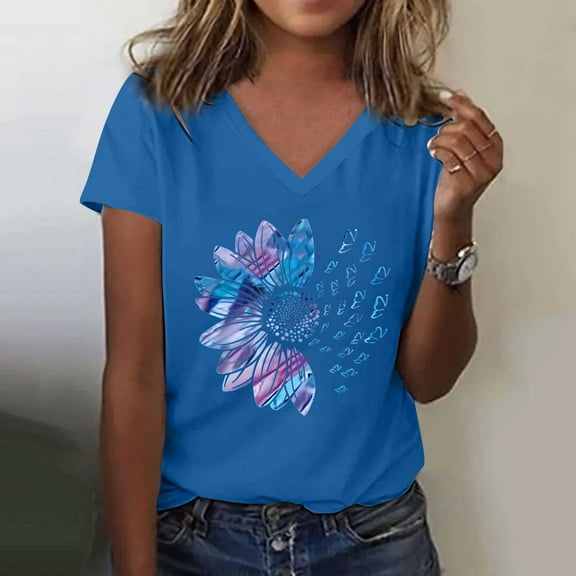 Yubnlvae Women's V-Neck Colorful Daisy Short Sleeve Top, 2025 Women's Sunflower Graphic Tee Crew Neck Short Sleeve Loose Fit Teacher Apparel | Casual Streetwear & Vintage Inspired Top, Sky Blue, S