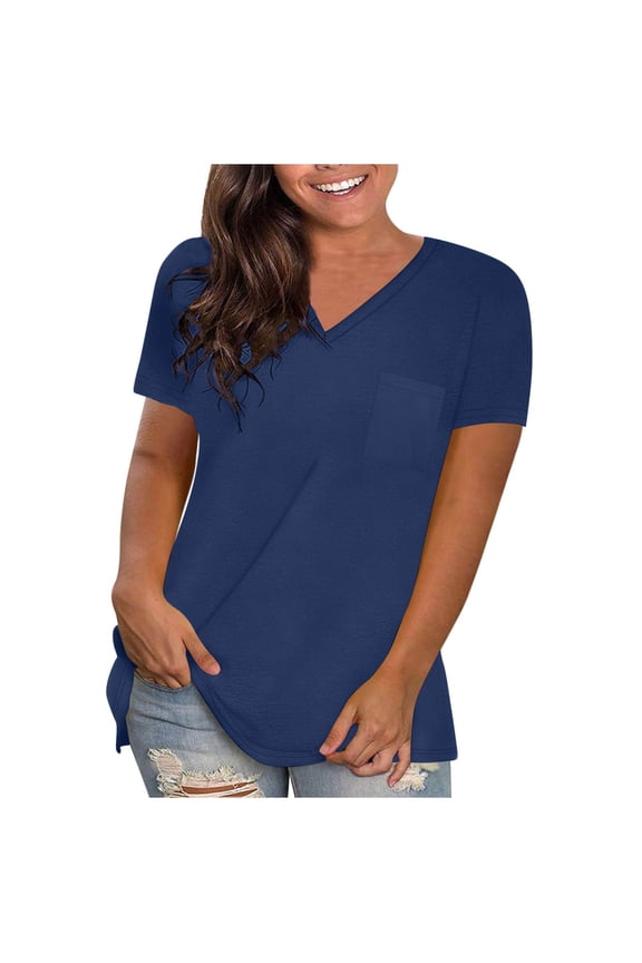 Women's V-Neck Pocket Tee - Casual Short Sleeve Relaxed Fit T-Shirt (Pink, Purple, Navy, Black +2 colors | S-XXXL) (Navy | XL)