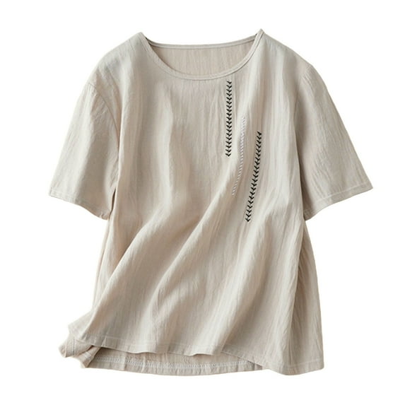 Yubnlvae Women's Vintage Embroidered Cotton T-Shirt – Oversized Round Neck, Casual Summer Tee Beige, L