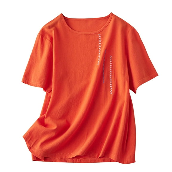Yubnlvae Women's Vintage Embroidered Cotton T-Shirt – Oversized Round Neck, Casual Summer Tee Orange, Xl