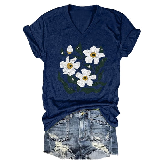 Yubnlvae Women's Vintage Floral Print Boho Loose Short-Sleeve T-Shirt – Pink, Blue, Dark Blue, Black, Grey, White, Red, Green (S-XXXL) (Dark blue | S)
