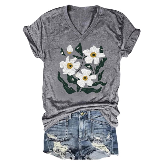 Yubnlvae Women's Vintage Floral Print Boho Loose Short-Sleeve T-Shirt – Pink, Blue, Dark Blue, Black, Grey, White, Red, Green (S-XXXL) (Grey | L)
