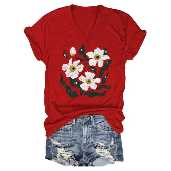 Yubnlvae Women's Vintage Floral Print Boho Loose Short-Sleeve T-Shirt – Pink, Blue, Dark Blue, Black, Grey, White, Red, Green (S-XXXL) (Red | XXL)