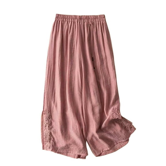 Yubnlvae Women's Wide-Leg Bohemian Pants – Summer Loose Cropped Palazzo Pants with Embroidery, Retro Elastic Waist, Casual Cotton Pants (Pink, Green, Beige | M-XXXL) (Pink | 3XL)