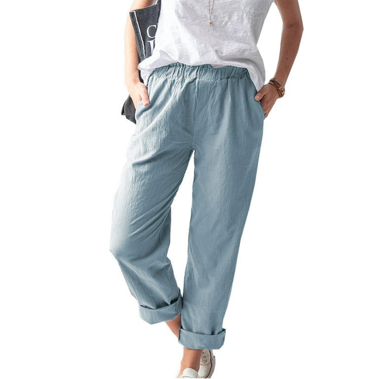 Yubnlvae Womens Casual Pants Women Solid Tightness Cotton Linen Trousers  Pocket Casual Pants Clothes Pants for Women Light Blue