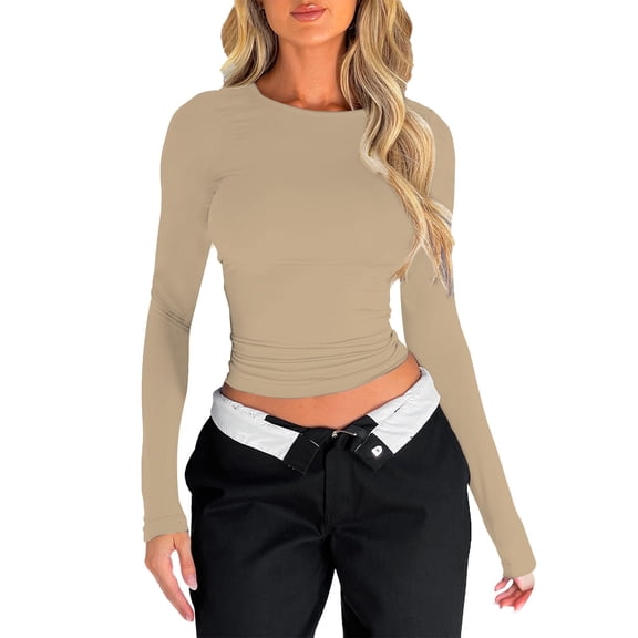 Yubnlvae Y2K Crop Long Sleeve Tops - 2025 Retro Streetwear Tees (Spring Gym Outfits, Casual Going-Out Shirts) Beige S
