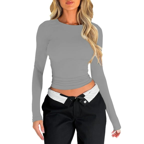 Yubnlvae Y2K Crop Long Sleeve Tops - 2025 Retro Streetwear Tees (Spring Gym Outfits, Casual Going-Out Shirts) Grey S