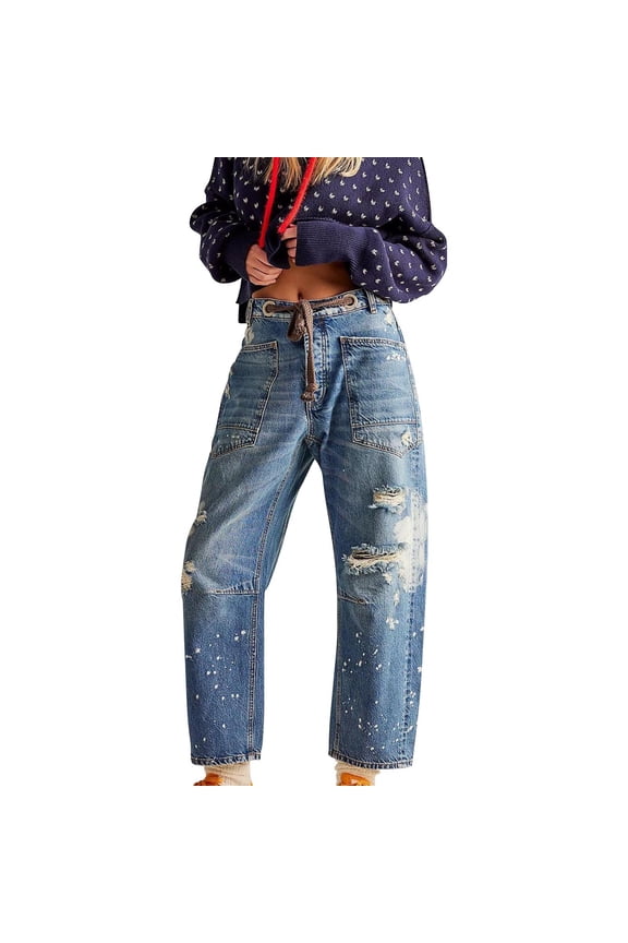 Y2K Mid Waist Baggy Jeans - Women's Cropped Wide Leg Denim Pants (Retro Streetwear, Distressed) F L