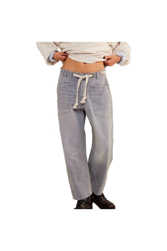 Y2K Mid Waist Baggy Jeans - Women's Cropped Wide Leg Denim Pants (Retro Streetwear, Distressed) J XXL