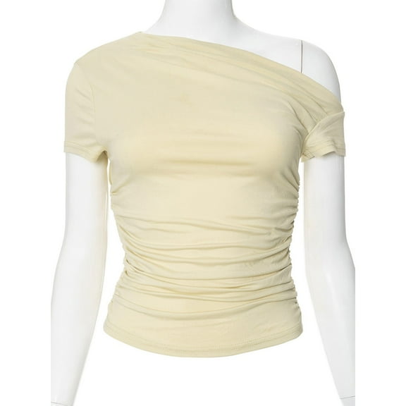 Yubnlvae Y2K Off-Shoulder Crop Tee - Ruched Sexy Summer Top, Going Out Shirt with Stretchy Fit (XS-L, 7 Neutral Colors) (Beige | L)