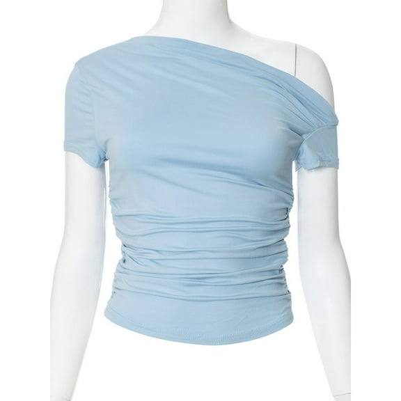 Yubnlvae Y2K Off-Shoulder Crop Tee - Ruched Sexy Summer Top, Going Out Shirt with Stretchy Fit (XS-L, 7 Neutral Colors) (Blue | L)