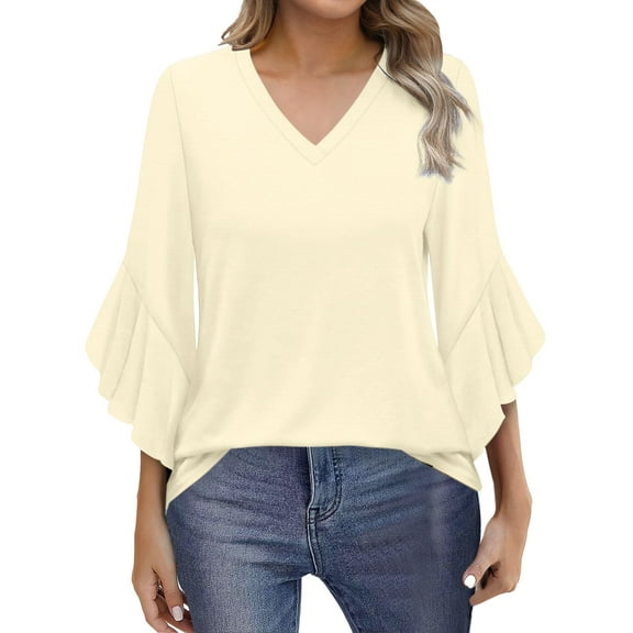 Yubnlvae Yellow Blouses for Women Casual 3/4 Length Sleeve Womens Tops V Neck Tshirts Shirts with Flared Sleeve, S