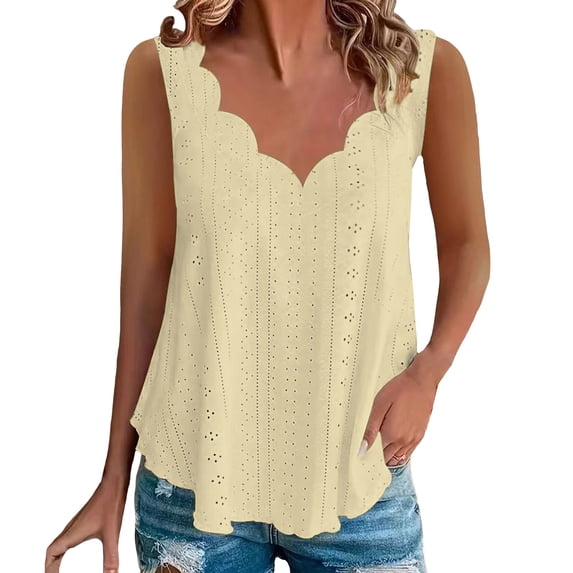 Yubnlvae Yellow Casual Solid Color Scallop V Neck Women's Vest Comfortable And Breathable V Neck Women's T Shirt, Xxl